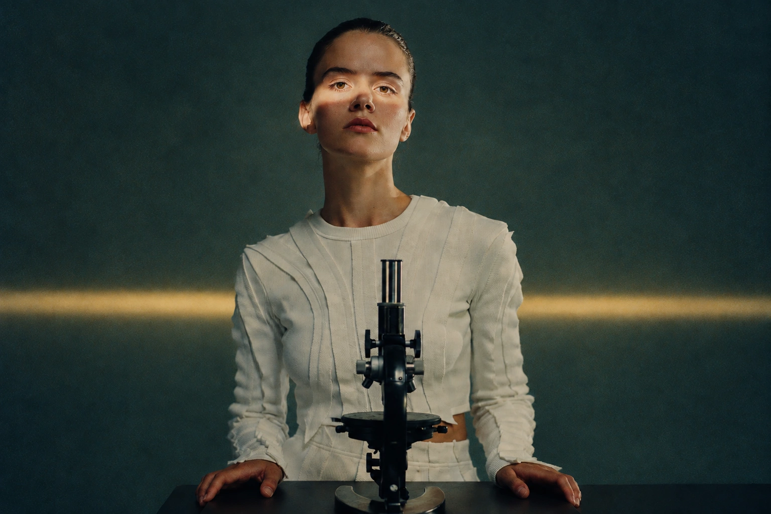 A woman in white standing behind a microscope, with a band of sunlight across her face.