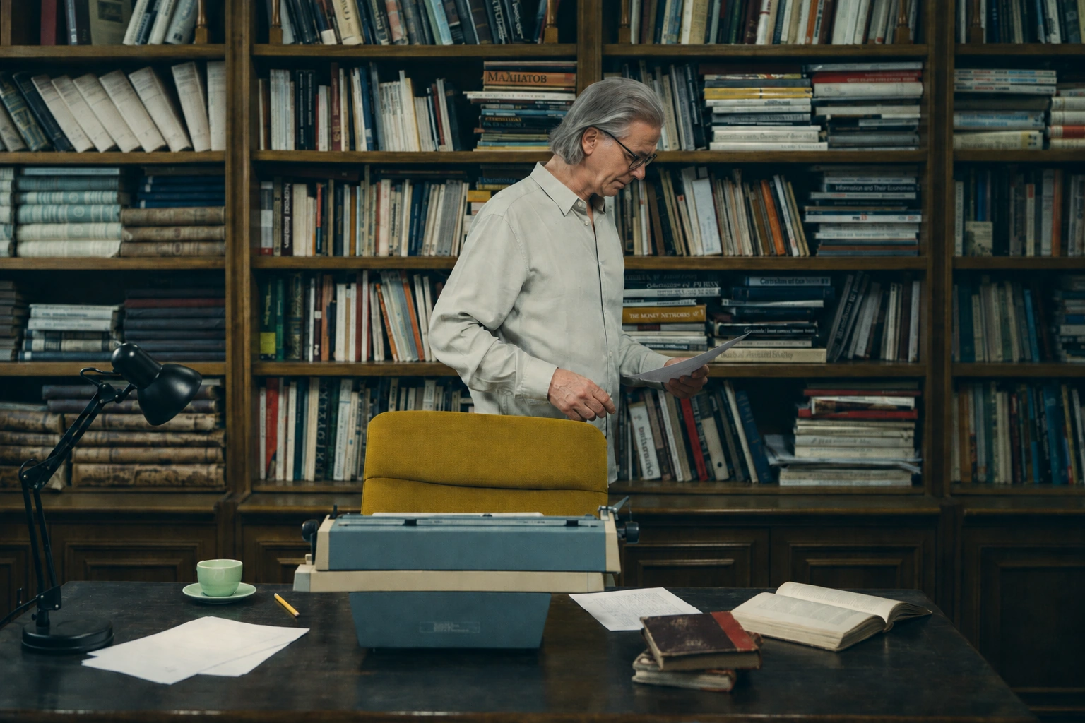 An older man with glasses reviewing a paper behind a desk with a typewriter and open books, surrounded by wooden library shelves.