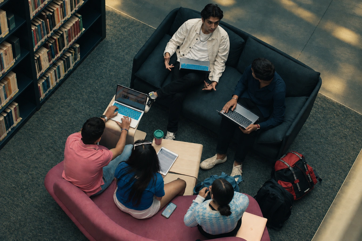 Five students studying together with laptops and a tablet on sofas beside library bookshelves, viewed from above.