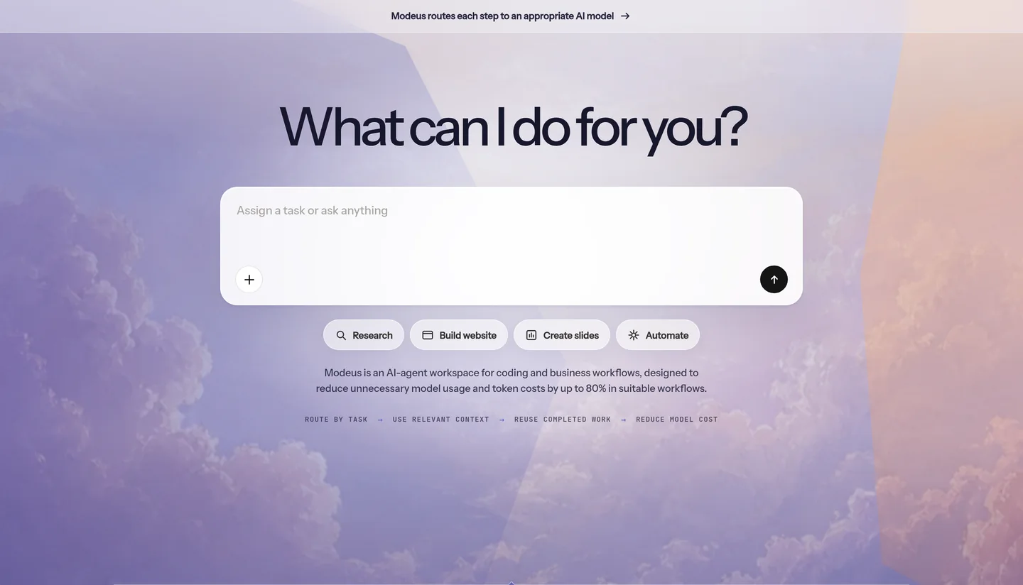 The Modeus workspace composer with the prompt 'Assign a task or ask anything' and quick actions for research, building a website, creating slides, and automating work.