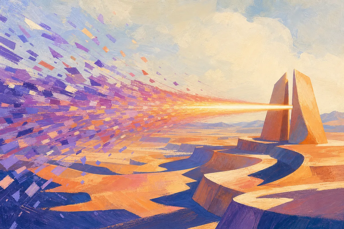 Multiple distinct light paths running in parallel across a landscape, used as the article's opening artwork.