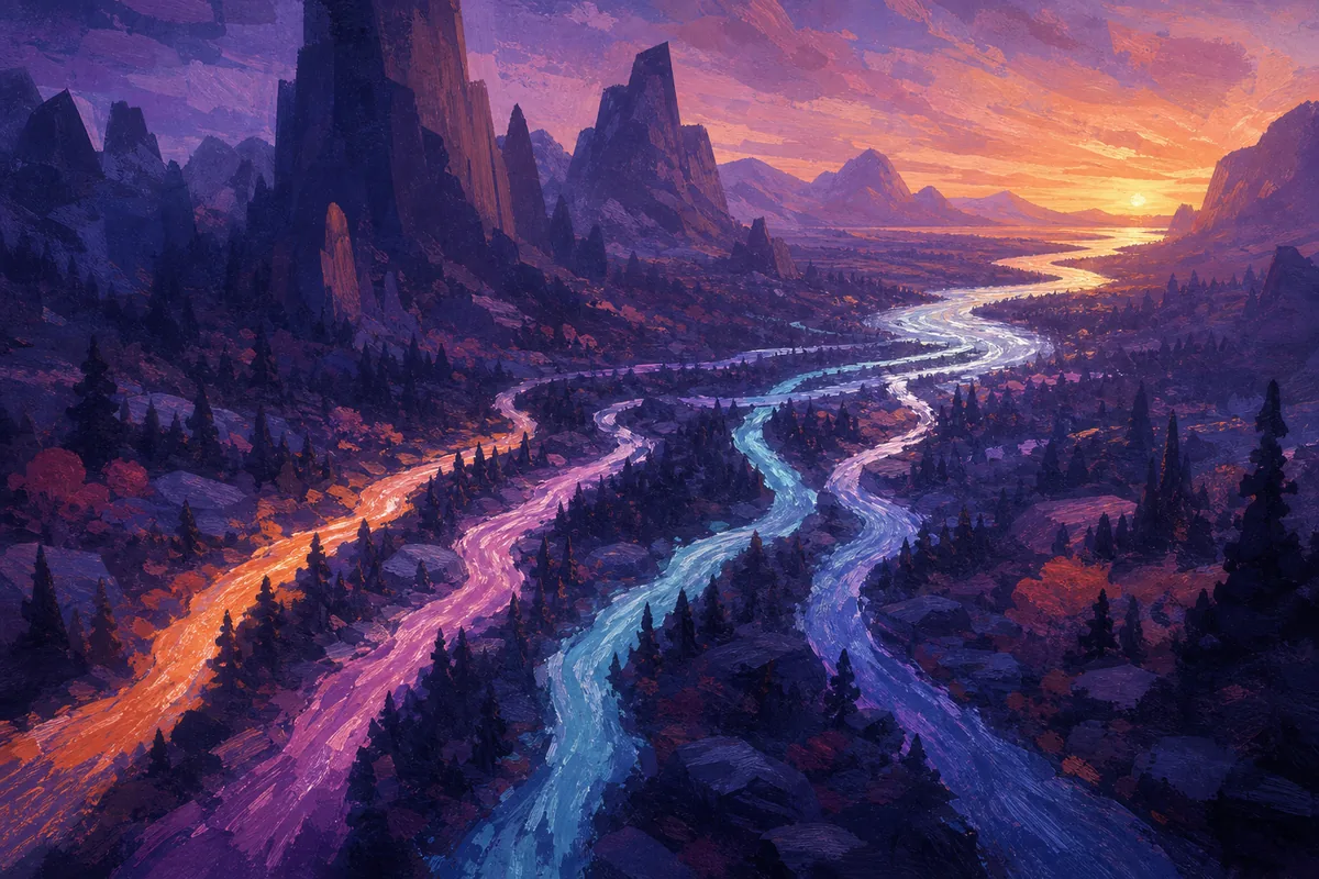 Several coloured rivers converging through a valley at dusk, used as the article's opening artwork.