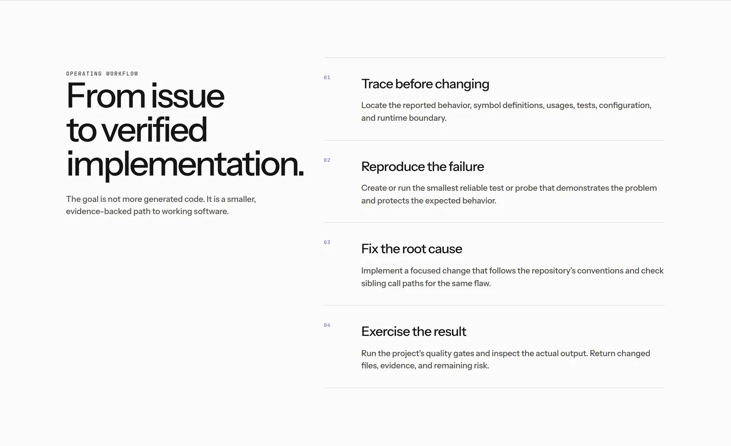 A software workflow: trace before changing, reproduce the failure, fix the root cause, exercise the result.